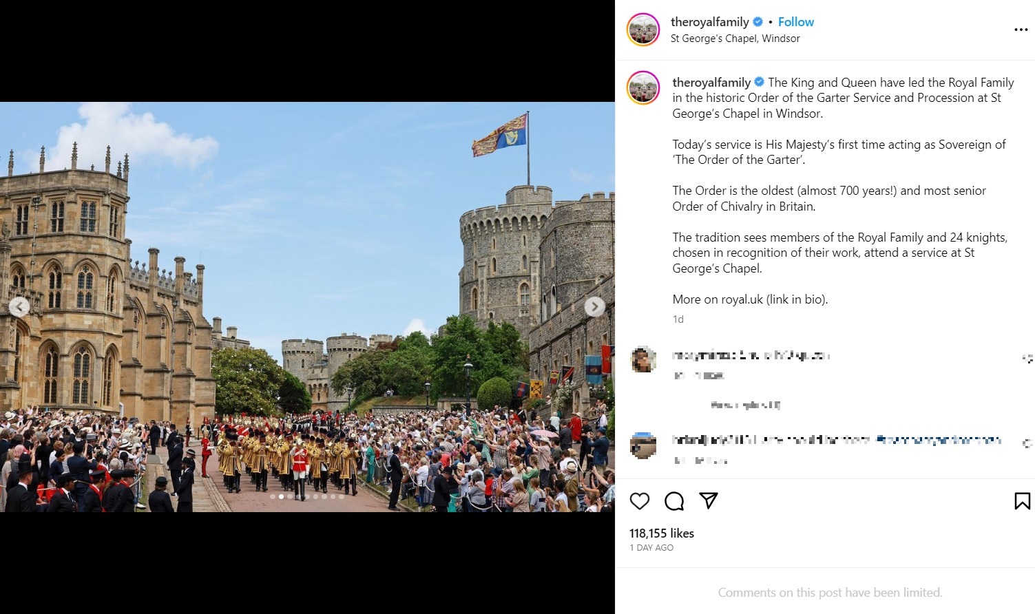 ウィンザー城で開催されたガーター勲章叙任式での華やかなパレード。大勢の人々が行進を見守るために集まった（画像は『The Royal Family　2023年6月20日付Instagram「The King and Queen have led the Royal Family in the historic Order of the Garter Service and Procession at St George’s Chapel in Windsor.」』のスクリーンショット）
