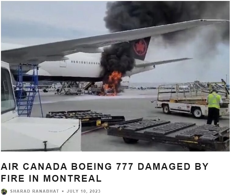 飛行機の下で燃え盛る給水車。機体の反対側には、後方貨物室から積み荷を降ろすローダーほか、いくつかの作業車両が駐車しており、火災発生時にはグランドハンドリングのクルー数人が働いていたと思われるが、負傷者は報告されていない（画像は『Sam Chui Aviation and Travel　2023年7月10日付「AIR CANADA BOEING 777 DAMAGED BY FIRE IN MONTREAL」』のスクリーンショット）
