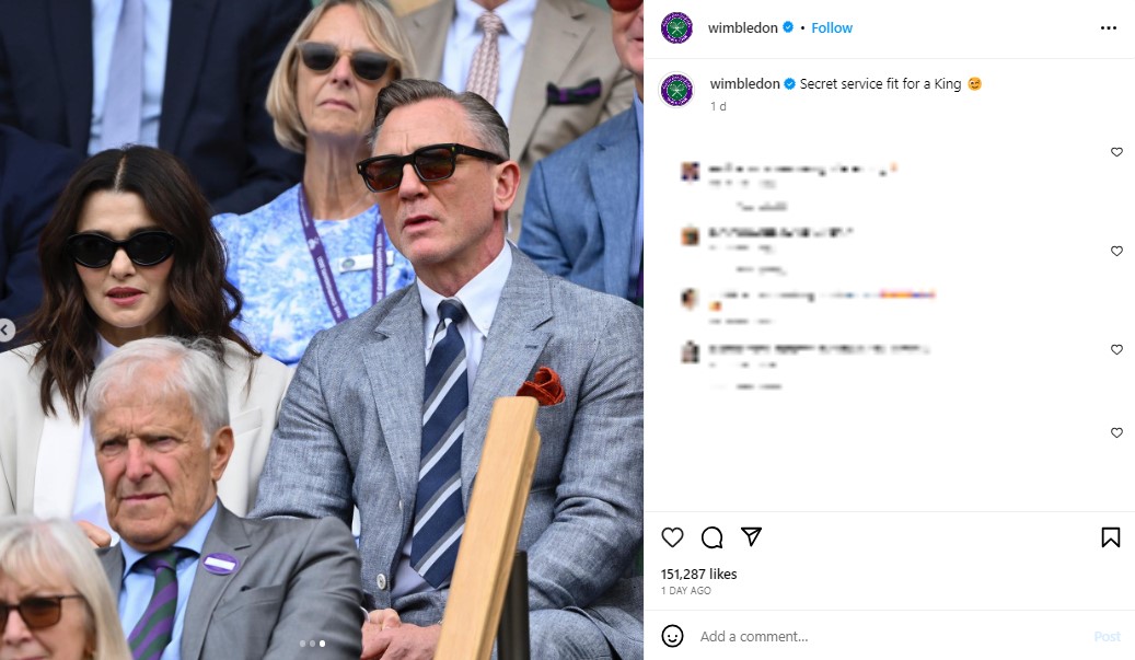 レイチェル・ワイズとダニエル・クレイグ。夫妻は真剣な表情で男子シングルス決勝戦を観戦していた（画像は『Wimbledon　2023年7月16日付Instagram「Secret service fit for a King」』のスクリーンショット