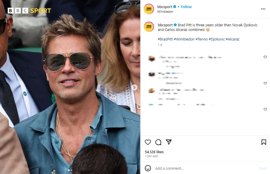 「レイバン」のサングラス姿で現れたブラッド・ピット。『BBC Sport』はブラッドについて「ジョコビッチとアルカラスの年齢を足しても3歳年上」とコメントしている（画像は『BBC SPORT　2023年7月16日付Instagram「Brad Pitt is three years older than Novak Djokovic and Carlos Alcaraz combined」』のスクリーンショット）