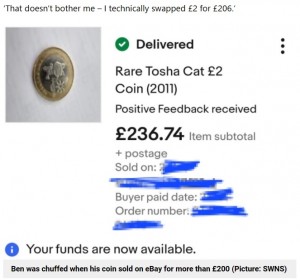 半信半疑でネットオークションサイトへ出品してみると、2ポンド硬貨は最終的に100倍以上の価格で落札された（画像は『Metro　2023年7月4日付「Dad given rare ￡2 coin in his change sells it on eBay for more than ￡200」（Picture: SWNS）』のスクリーンショット）
