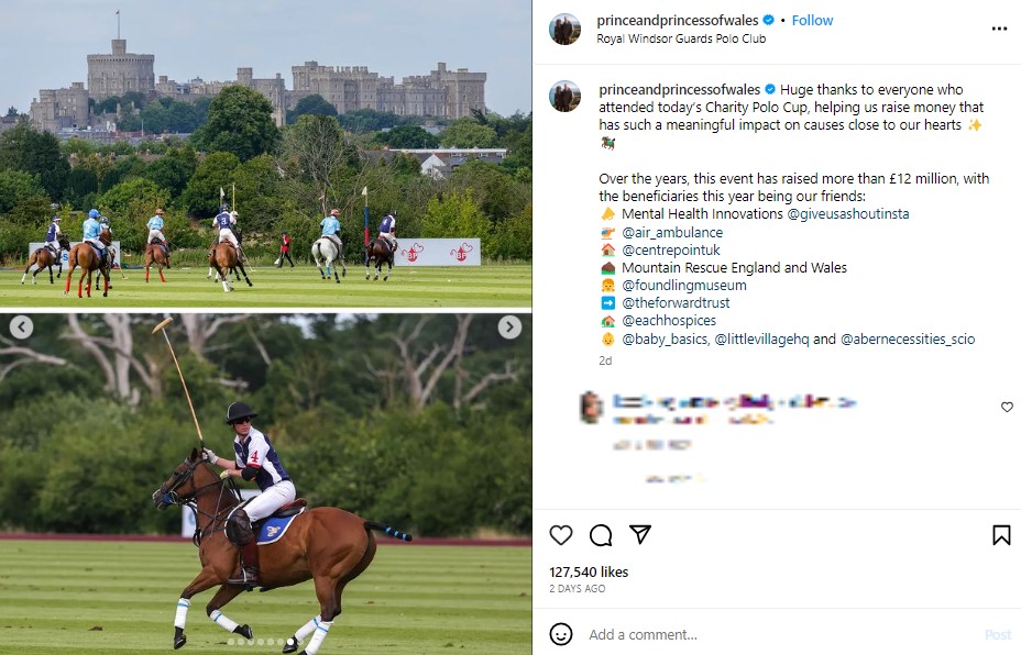 ウィンザー城が見える「ガーズ・ポロ・クラブ」で開催された「ロイヤル・チャリティ・ポロ・カップ」。ウィリアム皇太子は2回ゴールを決めたという（画像は『The Prince and Princess of Wales　2023年7月6日付Instagram「Huge thanks to everyone who attended today’s Charity Polo Cup,」』のスクリーンショット）