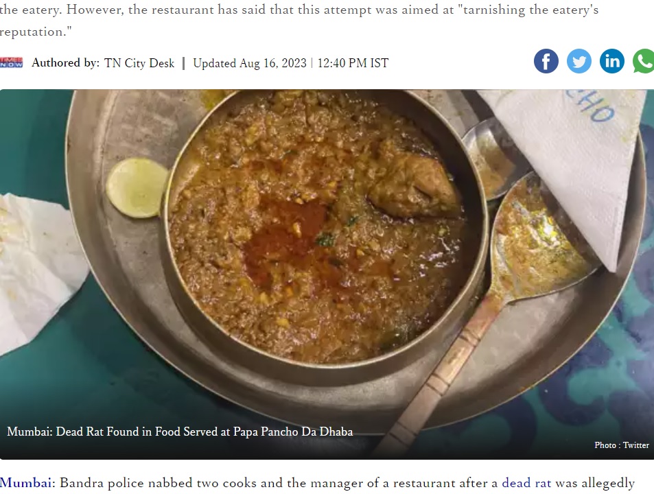 インド、ムンバイ郊外のバンドラ（ウエスト）にある人気レストラン「パパ・パンチョ・ダ・ダバ（Papa Pancho Da Dhaba）」で2人の客が頼んだチキンカレー（画像は『Times Now　2023年8月16日付「Mumbai: Dead Rat Found in Food」（Photo：Twitter）』のスクリーンショット）