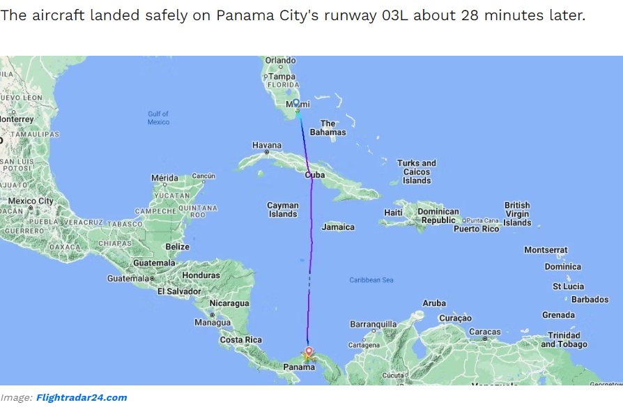 米フロリダ州マイアミを14日午後10時11分に乗客271人を乗せて出発し、パナマシティのトクメン国際空港に緊急着陸したLA505便。副操縦士ら2名が操縦を引き継いだ（画像は『Simple Flying　2023年8月16日付「LATAM Pilot Pronounced Dead After Boeing 787 Diversion」（Image: Flightradar24.com）』のスクリーンショット）