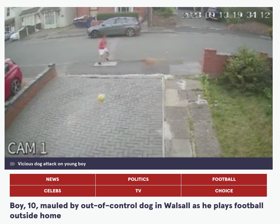 自宅前でサッカーボールを蹴って遊んでいた10歳少年。その後、壮絶な光景が監視カメラに捉えられていた（画像は『The Mirror　2023年9月15日付「Boy, 10, mauled by out-of-control dog in Walsall as he plays football outside home」』のスクリーンショット）