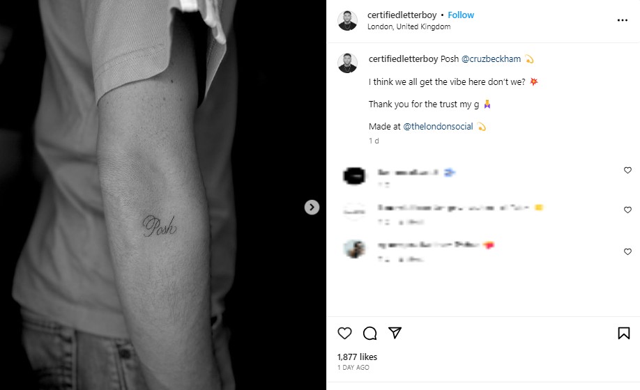 完成した最新のタトゥー。クルス・ベッカムの右腕には“Posh”の文字が刻まれた（画像は『CERTIFIED LETTER BOY　2023年9月4日付Instagram「Posh ＠cruzbeckham」』のスクリーンショット）