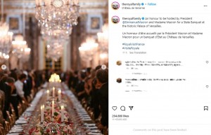 宮殿内で開催した晩餐会のテーブル。豪華セレブを含む160名のゲストが招待された（画像は『The Royal Family　2023年9月20日付Instagram「An honour to be hosted by President ＠EmmanuelMacron and Madame Macron for a State Banquet at the historic Palace of Versailles.」』のスクリーンショット）