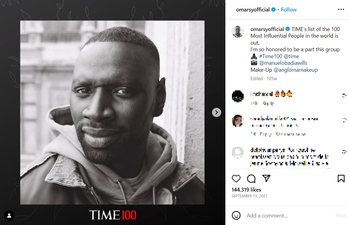 米タイム誌の「世界で最も影響力のある100人」に選ばれたオマール・シー（画像は『Omar Sy　2021年9月15日付Instagram「TIME’s list of the 100 Most Influential People in the world is out,」』のスクリーンショット）