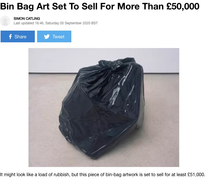 2020年にはどこから見てもゴミ袋の斬新な芸術品が、700万円以上の値でオークションに出品された（画像は『LADbible　2020年9月5日付「Bin Bag Art Set To Sell For More Than ￡50,000」（Credit: Phillips Auction House）』のスクリーンショット）
