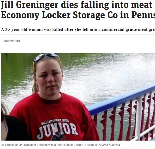 米ペンシルベニア州の食肉加工工場で2019年4月、肉挽き機に巻き込まれ死亡した35歳の女性従業員（画像は『news.com.au　2019年4月25日付「Jill Greninger dies falling into meat grinder at Economy Locker Storage Co in Pennsylvania」（Picture: Facebook）』のスクリーンショット）