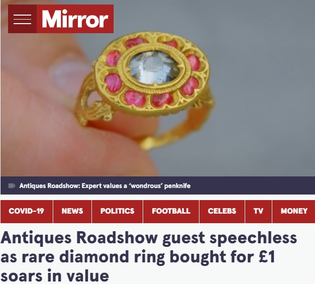2021年にイギリスではリサイクルショップで150円で買った指輪が、実は200年の歴史を持つ超レアものだったことが注目された（画像は『The Mirror　2021年12月12日付「Antiques Roadshow guest speechless as rare diamond ring bought for ￡1 soars in value」（Image: BBC）』のスクリーンショット）
