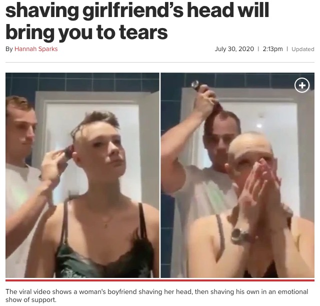 脱毛症に悩むフランス在住の女性が2020年5月、10年間伸ばし続けた髪を恋人に剃ってもらう姿をSNSに投稿。すると恋人は、自分の頭にもバリカンを当てた（画像は『New York Post　2020年7月30日付「Moving viral video of man shaving girlfriend’s head will bring you to tears」（Twitter）』のスクリーンショット）