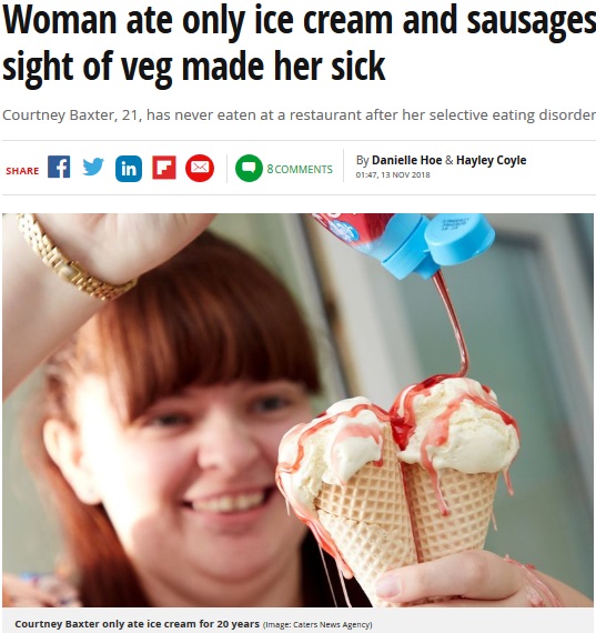 20年間アイスクリームとソーセージしか口にできなかった女性、2018年にデイヴィッド・キルマリー氏を訪ね、選択的摂食障害を克服していた（画像は『The Mirror　2018年11月13日付「Woman ate only ice cream and sausages for 20 YEARS as sight of veg made her sick」（Image: Caters News Agency）』のスクリーンショット）