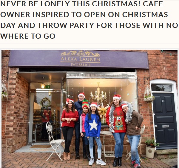 2018年に話題になった英ウォリックシャー州在住のカフェオーナーは、クリスマスをひとりで過ごす予定の人々に無料でクリスマスディナーを提供しているという（画像は『Storytrender　2018年12月20日付「Never be lonely this Christmas! Cafe owner inspired to open on Christmas day and throw party for those with no where to go」（MERCURY PRESS）』のスクリーンショット）