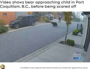ジープから降り、両手を横に広げて自分を大きく見せる男性。ハクスリーくんと男性の冷静な判断がクマを追い払った（画像は『CTV News Vancouver　2023年10月24日付「Video shows bear approaching child in Port Coquitlam, B.C., before being scared off」』のスクリーンショット）