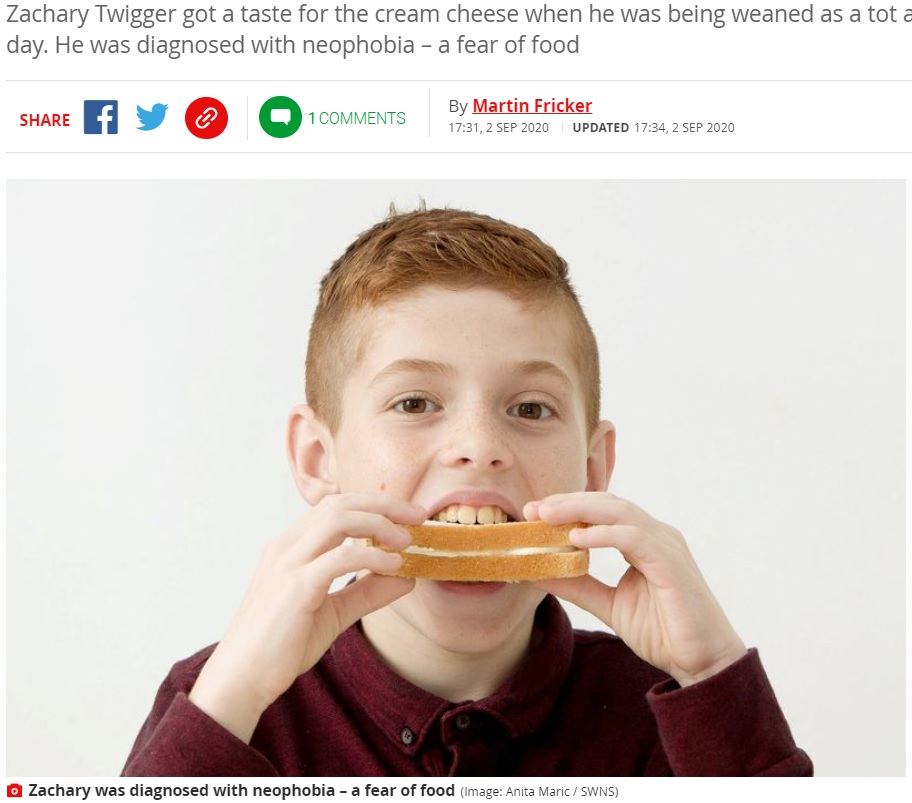 8年以上もチーズサンドしか食べられなかった10歳少年。2020年にデイヴィッド・キルマリー氏の催眠療法を2時間受けた直後、人生で初めてニンジンやブロッコリーなどを食べていた（画像は『The Mirror　2020年9月2日付「Hypnotherapy helps boy who would only eat cheese spread and would consume tub a day」（Image: Anita Maric / SWNS）』のスクリーンショット）
