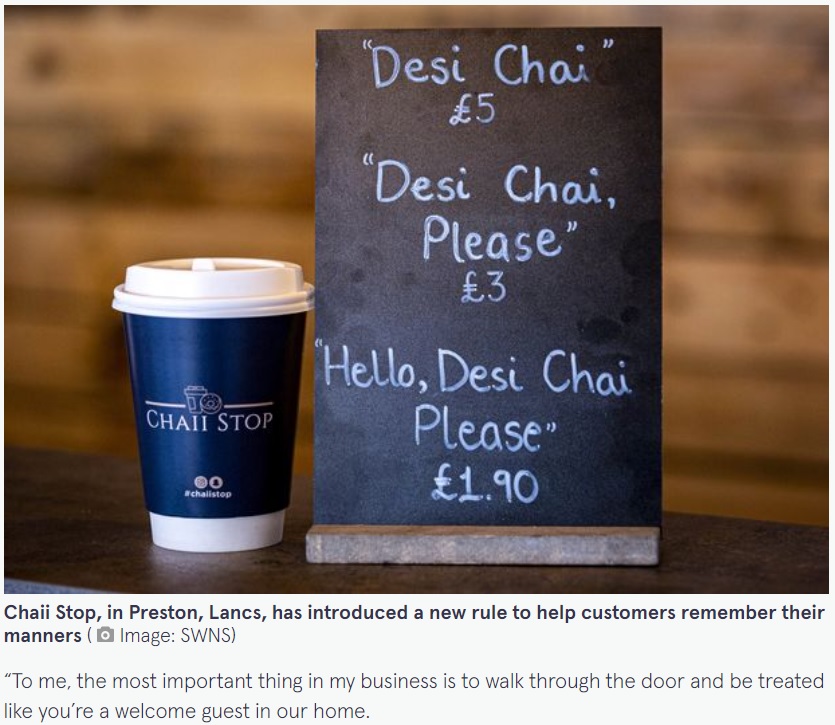 2022年10月に報じられた英ランカシャー州のカフェは、店員への注文の仕方で値段が変わることが話題になった（画像は『The Mirror　2022年10月14日付「Coffee shop owner charges customers DOUBLE the price if they fail politeness test」（Image: SWNS）』のスクリーンショット）