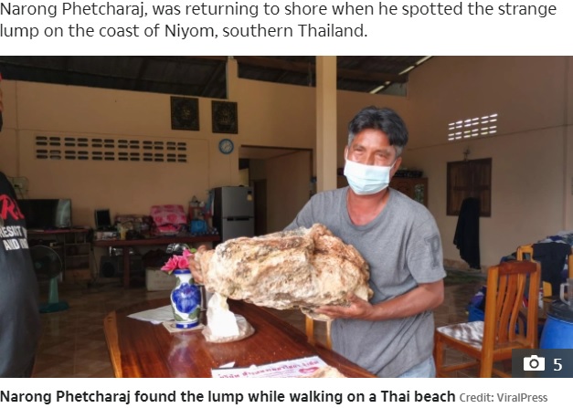 タイ南部の海岸で2021年9月、漁師が発見した龍涎香。約30キロの塊は、その価値が1億円を優に超えるとみられていた（画像は『The Sun　2021年10月5日付「WHALE I’LL BE DAMNED Fisherman set to scoop £1millon after finding huge lump of rare ‘whale vomit’ washed up on Thai beach」（Credit: ViralPress）』のスクリーンショット）