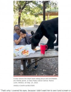メキシコで今年9月、ピクニックを楽しむ親子の前に現れた野生のクマ。母親はダウン症の息子が怖がらないように目を覆っていた（画像は『New York Post　2023年9月27日付「Mother bravely shields her son as bear leaps on picnic table to devour tacos and enchiladas」（ANGELA CHAPA via REUTERS）』のスクリーンショット）