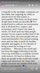 パリス・ヒルトンが自身のInstagramストーリーで公開した声明文。罪のない赤ちゃんの容姿を揶揄する人々に向けて、厳しいメッセージを伝えた（画像は『Paris Hilton　2023年10月23日付Instagram』のスクリーンショット）