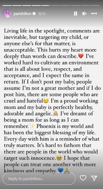 パリス・ヒルトンが自身のInstagramストーリーで公開した声明文。罪のない赤ちゃんの容姿を揶揄する人々に向けて、厳しいメッセージを伝えた（画像は『Paris Hilton　2023年10月23日付Instagram』のスクリーンショット）
