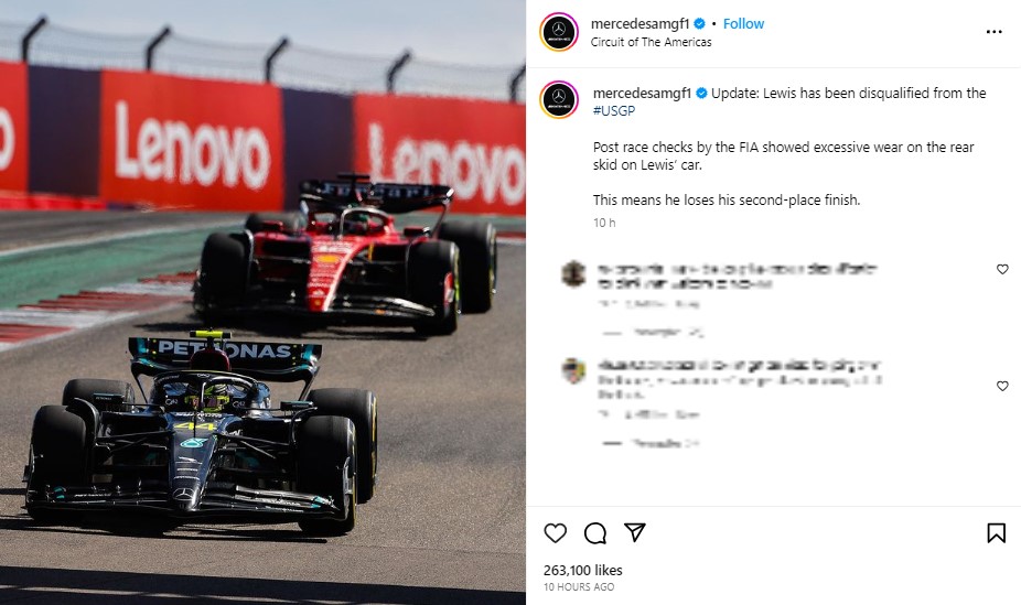 F1アメリカ・グランプリ決勝戦でレース中のルイス・ハミルトン。失格となり、表彰台に上ることはできなかった（画像は『Mercedes-AMG PETRONAS F1 Team　2023年10月22日付Instagram「Update: Lewis has been disqualified from the ＃USGP」』のスクリーンショット）