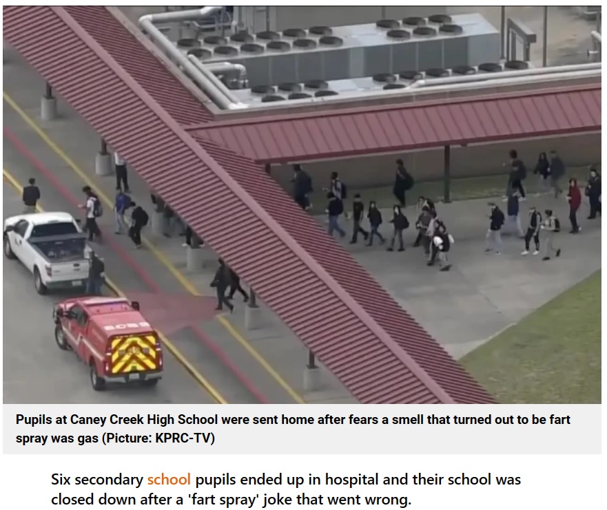 2023年にはアメリカで2日連続でガスのような強烈な異臭が発生し、生徒が避難を強いられた。7人が病院に搬送されたが、原因は生徒のイタズラによるものだった（画像は『Metro　2023年5月8日付「Student’s fart spray prank shuts down school and leaves six pupils in hospital」（Picture: KPRC-TV）』のスクリーンショット）