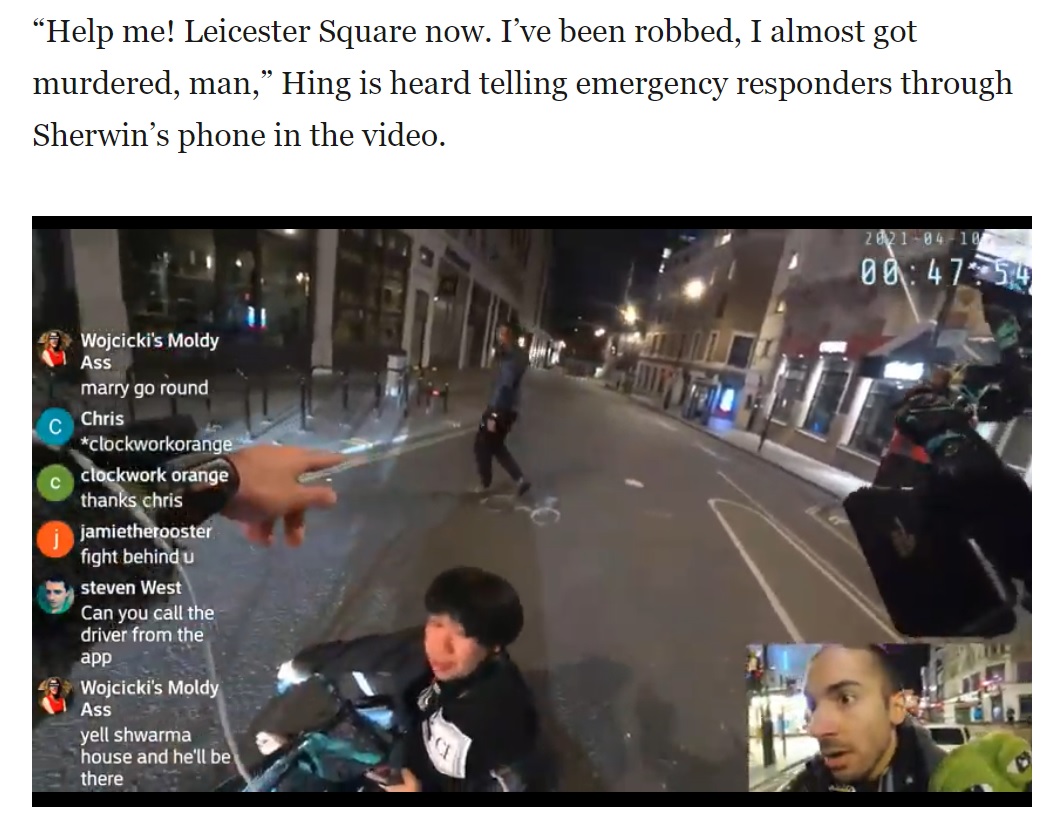 英ロンドンで2021年4月、ライブ配信していたユーチューバー。ある男性がナイフを持った強盗に襲われる場面を目撃し、大声を出して強盗を追い払ったという（画像は『Coconuts Singapore　2021年4月20日付「Singaporean student mugged in London streamed live on YouTube （Video）』のスクリーンショット）