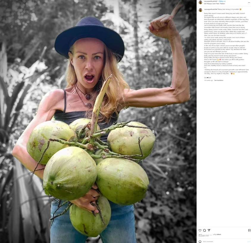 「ローヴィーガン」の食生活を10年以上続けたロシア出身の女性、今年7月に39歳で死亡した。最後は立つこともできなくなっていたという（画像は『Raw food Creation by Zhanna D’art　2020年11月9日付Instagram「Skinny but strong is it possible?」』のスクリーンショット）