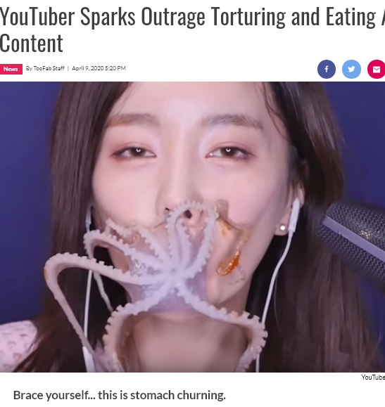 2020年にはタコやイカを生きたまま食べる韓国のユーチューバーに「動物虐待」と批判が殺到した（画像は『TooFab　2020年4月9日付「YouTuber Sparks Outrage Torturing and Eating Animals Alive for Content」（YouTube）』のスクリーンショット）