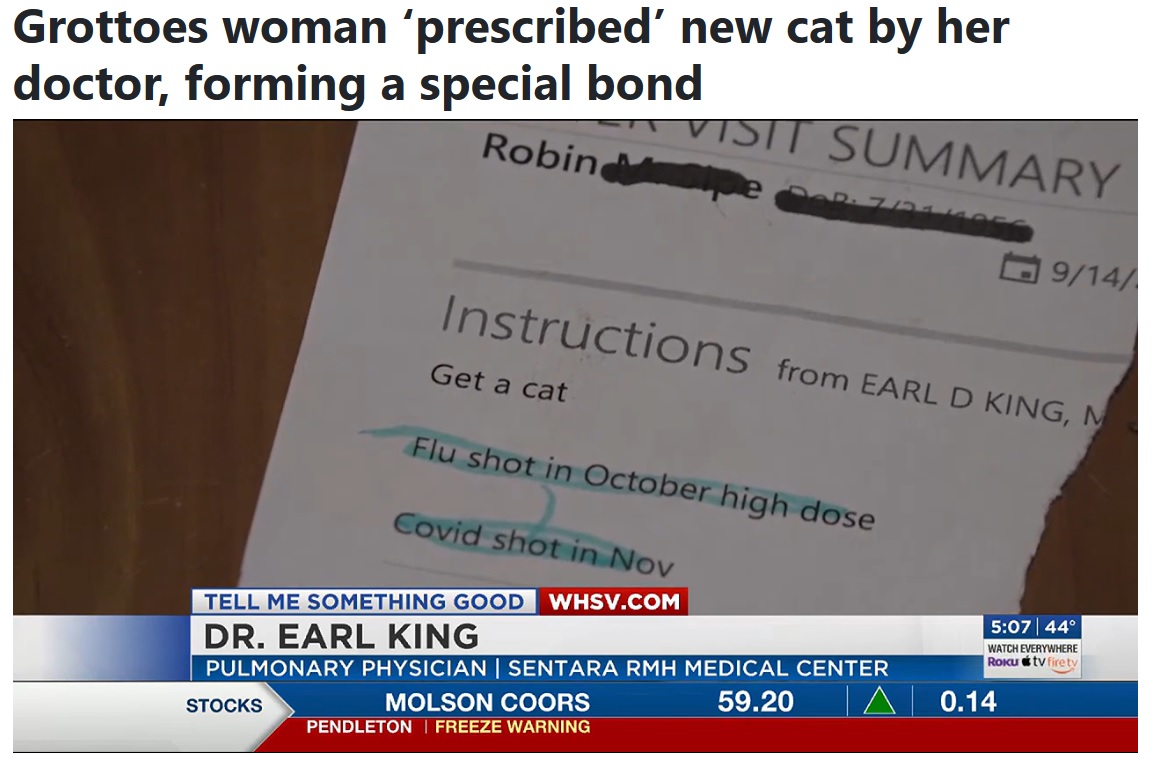 ロビンさんへの処方箋には、予防接種の指示とともに「Get a cat（猫を飼いなさい）」と書かれていた（画像は『WHSV　2023年10月9日付「Grottoes woman ‘prescribed’ new cat by her doctor, forming a special bond」』のスクリーンショット）