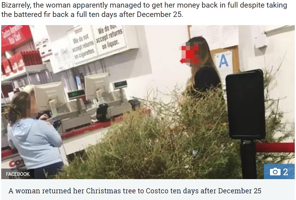 米カリフォルニア州のコストコで2018年1月、枯れたクリスマスツリーを持ち込んで返金を求めた客が話題に（画像は『The Sun　2018年1月11日付「WOOD YOU BELIEVE IT？ Woman takes Christmas tree back to Costco in January for a refund because it was dead」（Facebook）』のスクリーンショット）