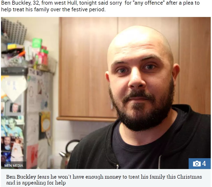 英キングストン・アポン・ハルの5児の父親は2018年11月、「子供たちへクリスマスプレゼントを買ってあげたい」とクラウドファンディングサイトで寄付を募った（画像は『The Sun　2018年11月20日付「‘I ONLY STARTED THIS FOR MY KIDS’ Skint dad who raised more than ￡2k to fund family’s Christmas apologises to trolls after smashing GoFundMe target」（Credit: MEN MEDIA）』のスクリーンショット）