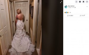 2020年11月、届いたウェディングドレスを試着したアメリカ在住の女性。「写真と違う」とクレームを入れるも、「あなたは裏表逆に着ています」と言われてしまった（画像は『Deux Aubrey　2020年11月5日付Facebook「Two weeks ago my wedding dress came in.」』のスクリーンショット）