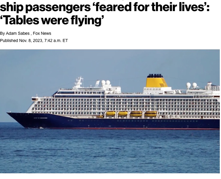 英国船社サガクルーズの「スピリット・オブ・ディスカバリー号」が航海中に嵐に見舞われ、当時の乗客が恐怖体験を語っている（画像は『New York Post　2023年11月8日付「Video shows horrifying moments cruise ship passengers ‘feared for their lives’: ‘Tables were flying’」』のスクリーンショット）