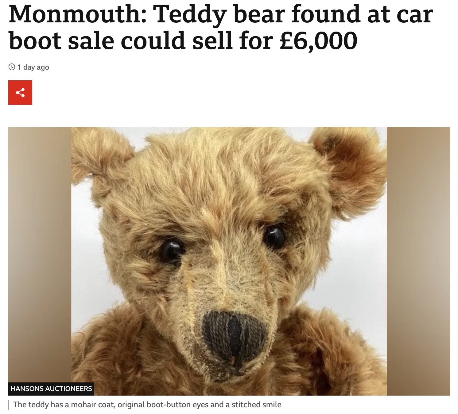 ウェールズのフリーマーケットで購入したテディベア。シュタイフ社が1905年に制作したもので、100万円超の価値があることが判明した（画像は『BBC　2023年8月10日付「Monmouth: Teddy bear found at car boot sale could sell for ￡6,000」（HANSONS AUCTIONEERS）』のスクリーンショット）