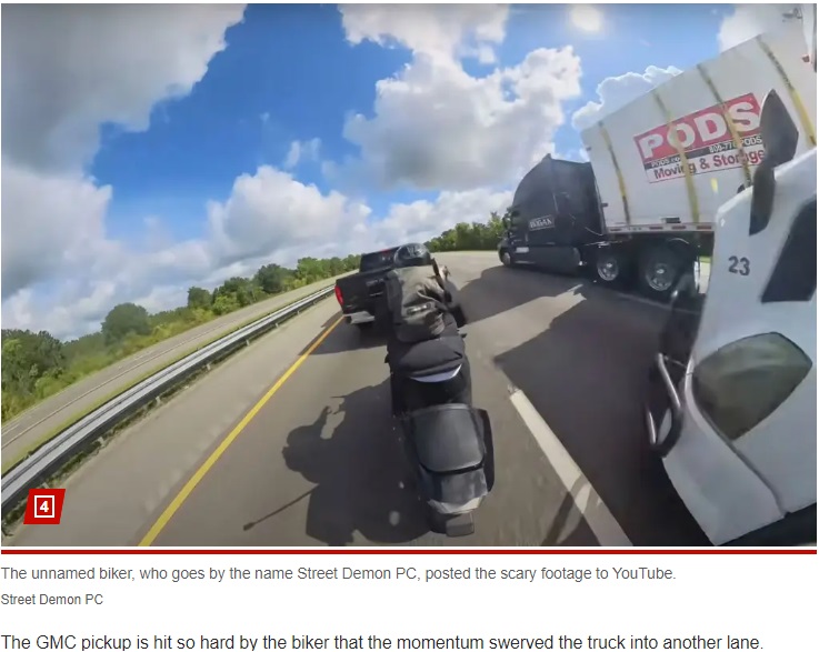 ホンダCBR600RRのライダーは、無謀なすり抜け運転を360度カメラで自撮り。ライダーはこの後、ピックアップトラックに衝突してしまう（画像は『New York Post　2023年10月26日付「Biker ‘learns lesson’ after 140-mph crash between trucks, cars results in 20 broken bones」（Street Demon PC）』のスクリーンショット）