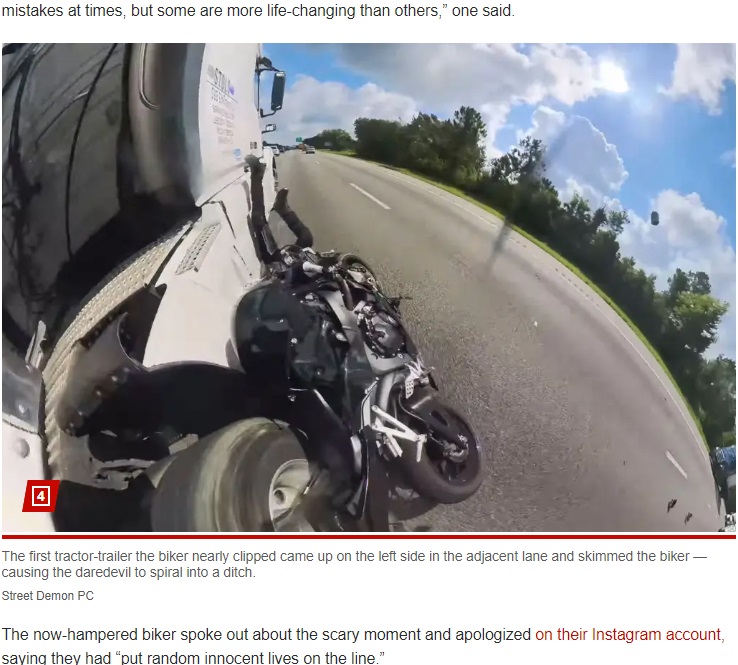 セミトレーラーに接触して横転する男性。「ホンダ CBR600RR」は押しつぶされ、男性は側道の溝に投げ出された（画像は『New York Post　2023年10月26日付「Biker ‘learns lesson’ after 140-mph crash between trucks, cars results in 20 broken bones」（Street Demon PC）』のスクリーンショット）