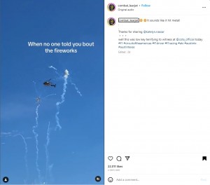 米テキサス州で今年10月に開催された「F1アメリカ・グランプリ」で撮影用のヘリコプターが打ち上げ花火の直撃を受ける。ヘリコプターはすぐに打ち上げ地点から離れ、無事に飛行を継続していた（画像は『Combat learjet　2023年10月26日付Instagram「It sounds like it hit metal!」』のスクリーンショット）