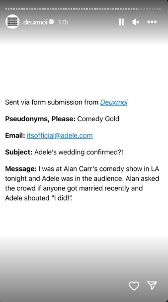 『DeuxMoi』に届いた別の情報提供メール。最近結婚した人はとの質問に、アデルは「私よ！」と叫んだという（画像は『curators of pop culture　2023年11月19日付Instagram』のスクリーンショット）