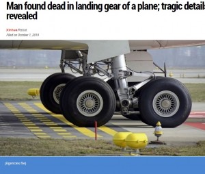 2019年9月、モロッコの空港でギニアからの密航者の男が変わり果てた姿で発見された。男は離陸前の旅客機の車輪部分をよじ登って侵入したとみられていた（画像は『Khaleej Times　2019年10月1日付「Man found dead in landing gear of a plane; tragic details revealed」（Agencies file）』のスクリーンショット）