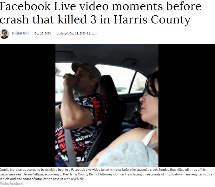 米テキサス州で2020年10月、酒を飲みながら車を運転する様子をFacebookでライブ配信した男。配信開始から6分後に衝突事故を起こし、同乗者3人が死亡した（画像は『Houston Chronicle　2020年10月28日付「Suspect seen drinking beer on Facebook Live video moments before crash that killed 3 in Harris County」（Photo: Facebook）』のスクリーンショット）