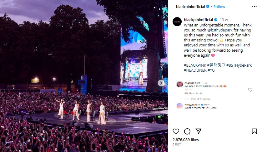 今年7月、ロンドンの「BSTハイドパーク」でパフォーマンスを披露したBLACKPINK。英国のファンを大いに沸かせた（画像は『BLΛƆKPIИK　2023年7月6日付Instagram「What an unforgettable moment.」』のスクリーンショット）