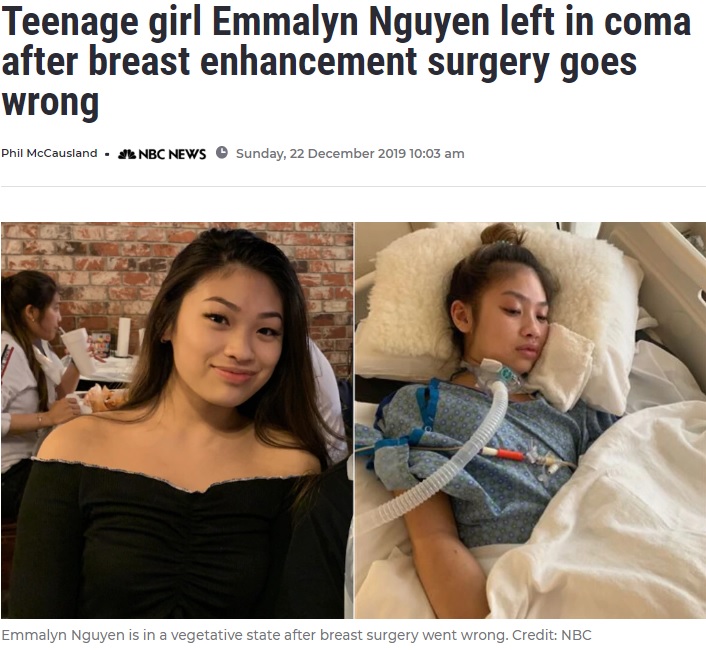 2019年8月、コロラド州在住の女性は豊胸手術を受けたが、麻酔後に放置された。その間に心停止に陥り、命は助かったものの脳に重度の障害を負ってしまった（画像は『7NEWS.com.au　2019年12月22日付「Teenage girl Emmalyn Nguyen left in coma after breast enhancement surgery goes wrong」（Credit: NBC）』のスクリーンショット）
