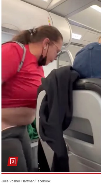 女性はトイレに行こうとしたが、飛行機が着陸態勢に入っていたため、通路で用を足そうとしたとみられている（画像は『New York Post　2023年11月22日付「Bizarre moment woman pulls down her pants mid-flight to go to the bathroom: video」（Julie Voshell Hartman/Facebook）』のスクリーンショット）