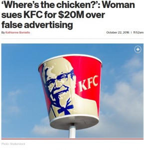 米ニューヨーク州で2016年、64歳女性がケンタッキーフライドチキンに約20億円の損害賠償を請求。「チキンの数が広告より少ない」と訴えていた（画像は『New York Post　2016年10月22日付「‘Where’s the chicken?’: Woman sues KFC for ＄20M over false advertising」（Shutterstock）』のスクリーンショット）