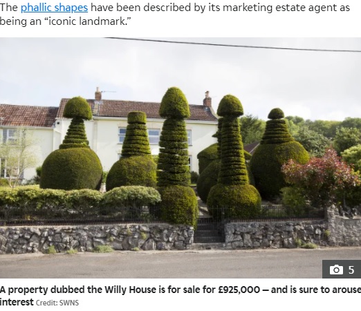 英サマセット州にある“ウィリー（男性器）ハウス”と呼ばれる家。2021年に約1億4500万円で売りに出されていた（画像は『The Sun　2021年10月17日付「PRIVATE PROPERTY Property dubbed ‘Willy House’ is on sale for ￡925,000 despite PENIS-shaped trees」（Credit: SWNS）』のスクリーンショット）