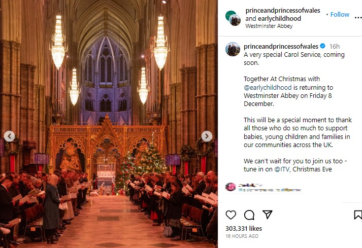クリスマス礼拝では、毎回英国各地から国民が招待される。昨年は故エリザベス女王を偲び、コミュニティで貢献をした人々が招かれた（画像は『The Prince and Princess of Wales　2023年11月18日付Instagram「A very special Carol Service, coming soon.」』のスクリーンショット）
