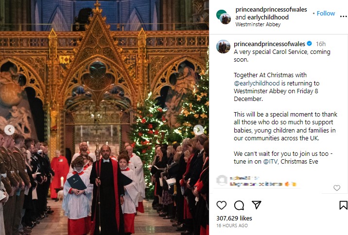 ウェストミンスター寺院に入場する聖歌隊のメンバー。今年も聖歌隊がクリスマス・キャロルを合唱する（画像は『The Prince and Princess of Wales　2023年11月18日付Instagram「A very special Carol Service, coming soon.」』のスクリーンショット）