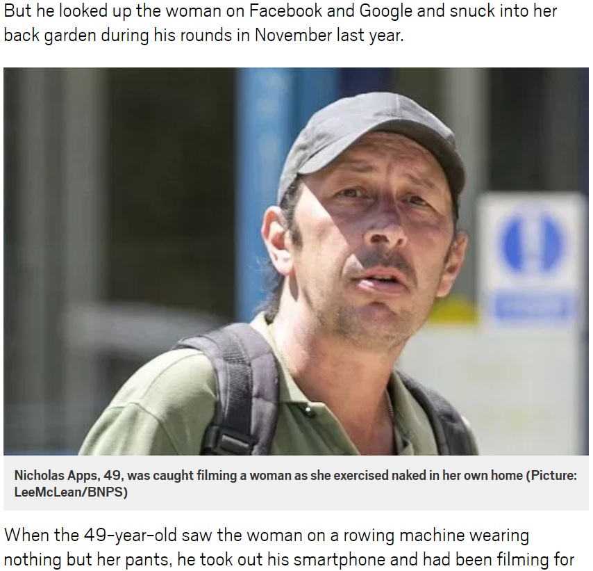 2017年11月、英ドーセット州の郵便配達員が配達先の庭に忍び込み、下着姿の女性を盗撮して逮捕されていた（画像は『Metro　2018年8月5日付「Angry husband finds postman hiding in the garden filming his naked wife」（Picture: LeeMcLean/BNPS）』のスクリーンショット）